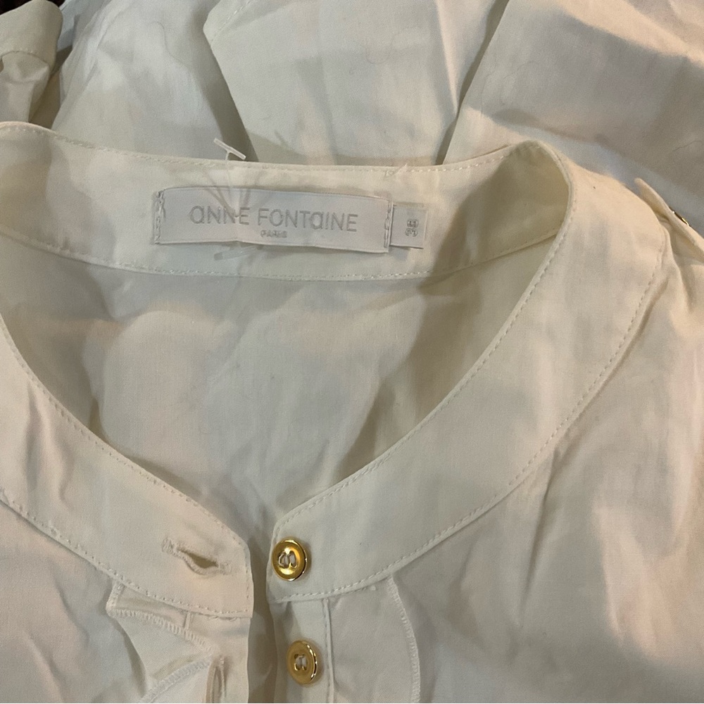 Anne Fontaine Reno Ruffled White Button Down Shirt Blouse with Gold Buttons - Picture 6 of 10